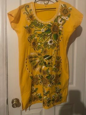 MEXICANA Bright Yellow Embroidered Floral Midi Dress